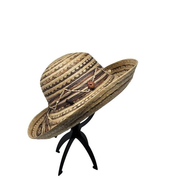 Scala Collection Womens Woven Straw Sun Hat Chevron Beaded Wide Brim Tan Brown - Picture 8 of 10